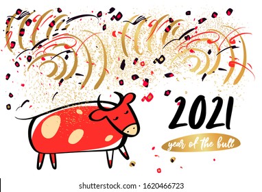 Funny sketch silhouette bull. Happy new year 2021. Sketch ox, cow. Template poster, card, invitation for party with year 2021 Lunar horoscope sign.