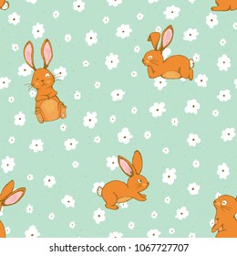 Funny sketched seamless pattern with hand drawn bunnies and flowers. Vector illustration