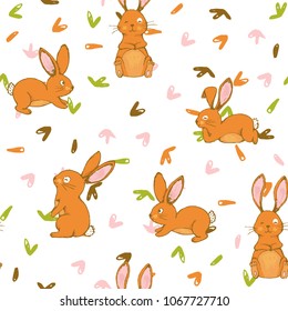 Funny sketched seamless pattern with hand drawn bunnies and retro doodles. Vector illustration