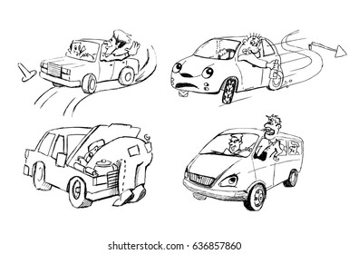 Funny sketches of people and cars