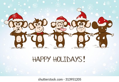 Funny sketching monkey holding hands - symbol of the New Year 2016. Greeting New Year and Christmas card.