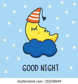 Funny sketching sleeping moon and stars. Vector cartoon illustration background. 