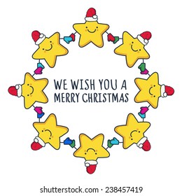 Funny sketching star in hat and mittens. New Year and Christmas greeting card. Vector illustration. Frame with place for text.