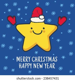 Funny sketching star in hat and mittens. New Year and Christmas greeting card. Vector illustration.