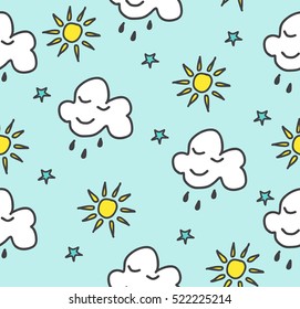 Funny sketching star, sun, cloud. Vector seamless cartoon pattern. Day background. Design concept for fashion textile print.