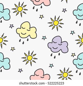 Funny sketching star, sun, cloud. Vector seamless cartoon pattern. Day background. Design concept for fashion textile print.