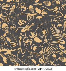 Funny sketchy fossil animals and plants. Seamless Pattern in EPS8 format.