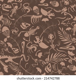 Funny sketchy fossil animals and plants. EPS8 seamless pattern