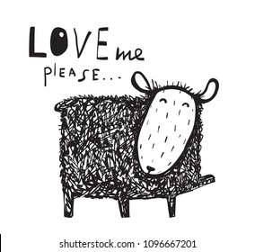 Funny sketchy sheep cartoon. Love me says the sheep sign. Cute hand drawn illustration. Vector cartoon.