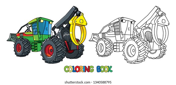 Funny skidder car with eyes coloring book. Small funny vector cute car with eyes and mouth. Children vector illustration. Forestry machinery