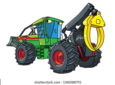 Funny skidder car with eyes . Small funny vector cute car with eyes and mouth. Children vector illustration. Forestry machinery