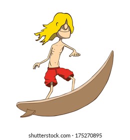Funny skinny blonde surfer. Hand drawn vector illustration