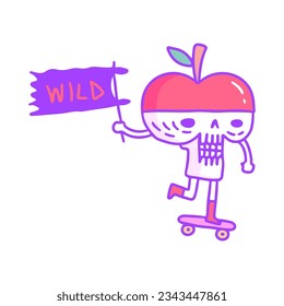 Funny skull in apple hat riding skateboard and holding flag, illustration for t-shirt, sticker, or apparel merchandise. With doodle, retro, groovy, and cartoon style.