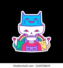 Funny skull and cat gang with rainbow, illustration for t-shirt, sticker, or apparel merchandise. With doodle, retro, and cartoon style.