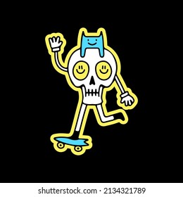 Funny skull and cat riding skateboard, illustration for t-shirt, street wear, sticker, or apparel merchandise. With retro, and cartoon style.