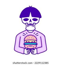 Funny skull character holding burger doodle art, illustration for t-shirt, sticker, or apparel merchandise. With modern pop and kawaii style.