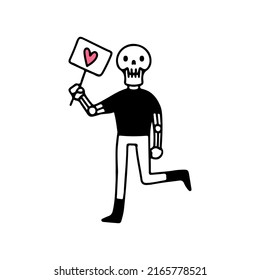 Funny skull character holding sign with love symbol, illustration for t-shirt, sticker, or apparel merchandise. With pop art style.