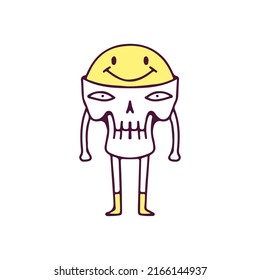 Funny skull character with smile emoticon inside the head, illustration for t-shirt, sticker, or apparel merchandise. With doodle, retro, and cartoon style.
