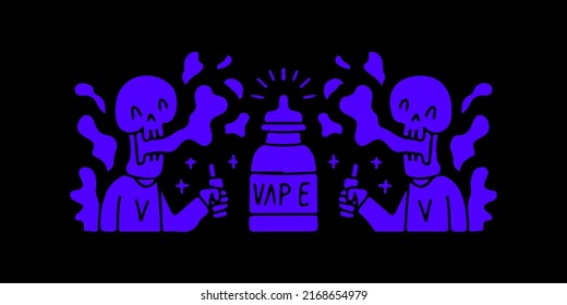 Funny skull character vaping, illustration for t-shirt, sticker, or apparel merchandise. With doodle, retro, and cartoon style.