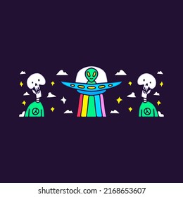 Funny skull characters with alien on the ship, illustration for t-shirt, sticker, or apparel merchandise. With doodle, retro, and cartoon style.