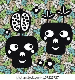 Funny skull couple with flowers. Vector illustration.