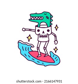 Funny skull with crocodile inside the head surfing, illustration for t-shirt, sticker, or apparel merchandise. With doodle, retro, and cartoon style.