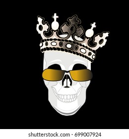 Funny Skull with crown and glasses isolated on black.  A skull with a smile and a crown of a King.