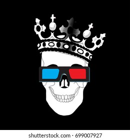 Funny Skull with crown and glasses isolated on black.  A skull with a smile and a crown of a King.