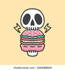 funny skull eat burger cartoon, illustration for stickers and t shirt.