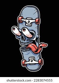 funny skull face skateboard illustration