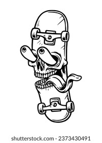 funny skull face skateboard illustration