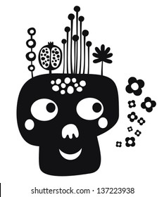 Funny skull with flowers. Vector illustration.  