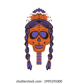 Funny skull of a girl with pigtails and flowers on her head. Vector illustration of a Mexican holiday tradition Dia de Muertos. Yellow and purple colors. The day of the Dead. 