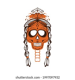 Funny skull of a girl with pigtails and flowers on her head. Vector illustration of a Mexican holiday tradition. orange and brown colors. The day of the Dead. 