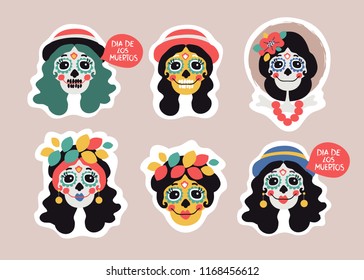 Funny skull girls faces with make up for Day of the Dead. Vector. Isolated.