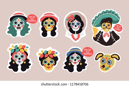 Funny skull girls, man, dog faces with make up for Day of the Dead. Vector. Isolated.