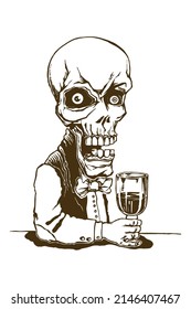 funny skull with glass of wine vector illustration