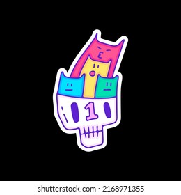 Funny skull head with colorful cats, illustration for t-shirt, sticker, or apparel merchandise. With doodle, retro, and cartoon style.