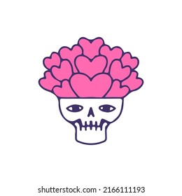 Funny skull head full of hearts symbol, illustration for t-shirt, sticker, or apparel merchandise. With doodle, retro, and cartoon style.