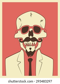 Funny skull hipster character with a mustache and beard. Typographic retro Halloween poster. Vector illustration.