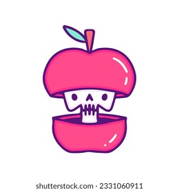 Funny skull inside apple, illustration for t-shirt, sticker, or apparel merchandise. With doodle, retro, and cartoon style.