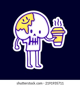 Funny skull with melted emoji face holding cup of coffee illustration. Artwork for street wear, t shirt, posters, bomber jackets, hoodie, patchworks, enamel pins; for clothes.