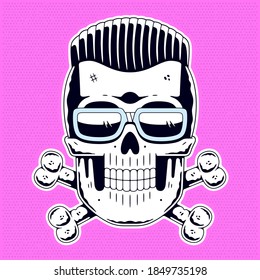Funny skull. Modern logo. Skull with bones. Cool hairstyle.