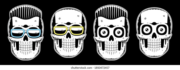 Funny skull. Modern logo. Skull with glasses. Cool hairstyle.