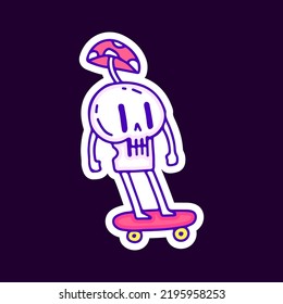 Funny skull with mushroom riding skateboard cartoon, illustration for t-shirt, sticker, or apparel merchandise. With modern pop and retro style.