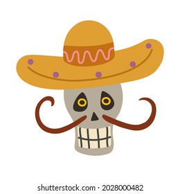 A funny skull with a mustache and a Mexican hat.