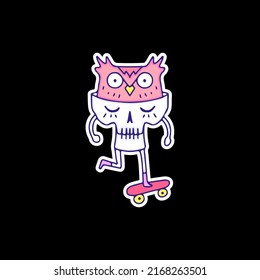 Funny skull and owl character riding skateboard, illustration for t-shirt, sticker, or apparel merchandise. With doodle art.