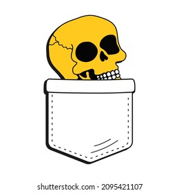 Calavera divertida en la impresión de una camiseta de bolsillo.Diseño de la ilustración del logo del personaje de la línea de dibujos animados vectores.Aislado en el fondo blanco. Graciosa huella de cráneo vintage para camiseta de bolsillo, concepto de ropa