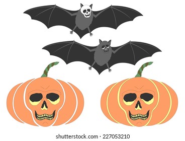 funny skull pumpkin, skull bat, batman illustration design