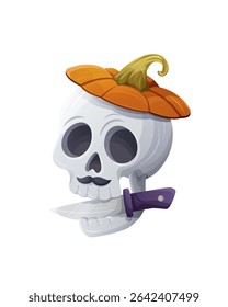 Funny skull with pumpkin hat, black mustache and a knife in the mouth. Halloween themed vector illustration on white background
